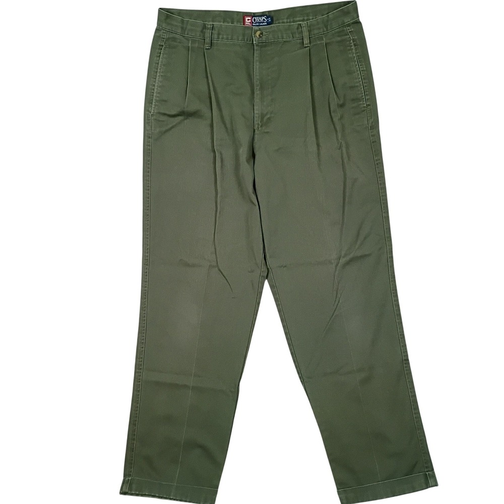 Chaps Pleated Chinos‎ Mens 36x32 Olive Green Vintage Cotton Twill Cuffed